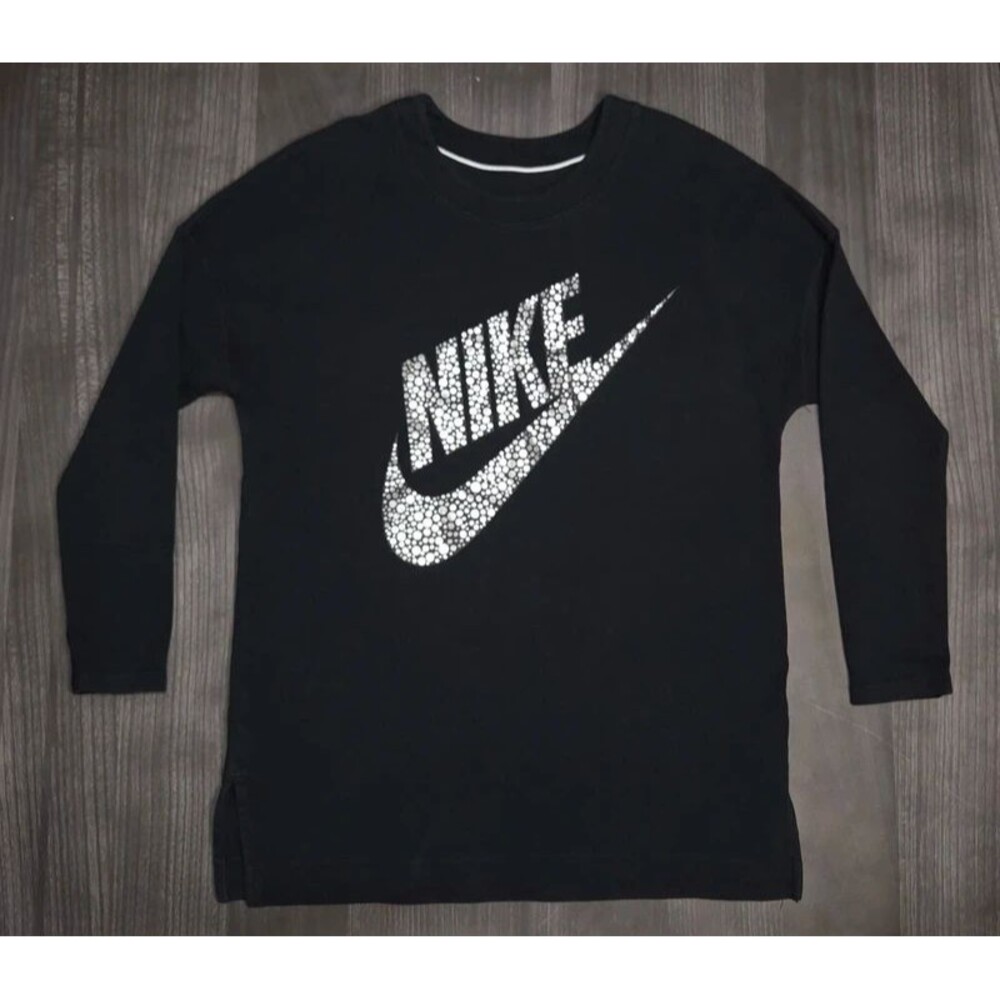 Nike Crewneck Sweatshirt Women Large Black Big Logo Silver Polka Dot